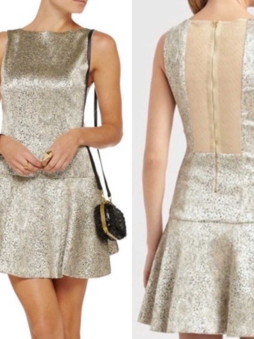 Alice + Olivia Lora Metallic Drop Waist Mini Dress Silver Gold Sz S